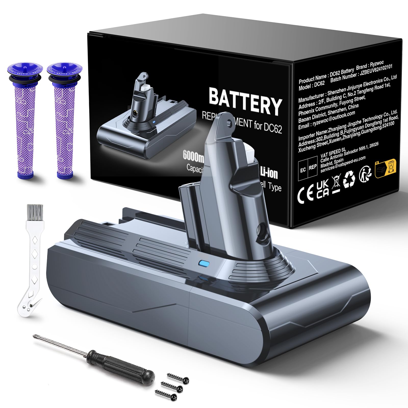 Battery Replacement for Dyson V6,6000mAh Battery Compatible with Dyson V6 DC62 DC61 DC59 DC58 DC72 DC74 SV03 SV05 SV06 SV07 SV09 Animal Absolute Trigger Fluffy Total Clean Cordless Vacuum