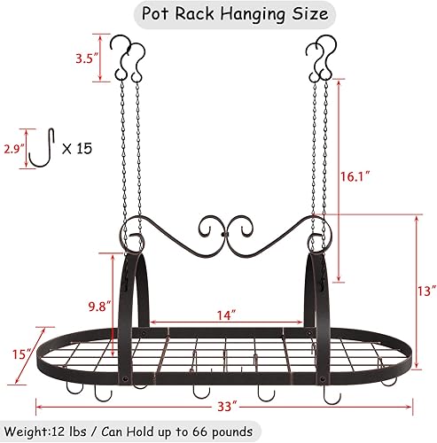 Miniatura 3 de Estante colgante para ollas, soporte de techo de metal de 33 pulgadas con 15 ganchos en S, estante de almacenamiento ovalado para ollas y sartenes,