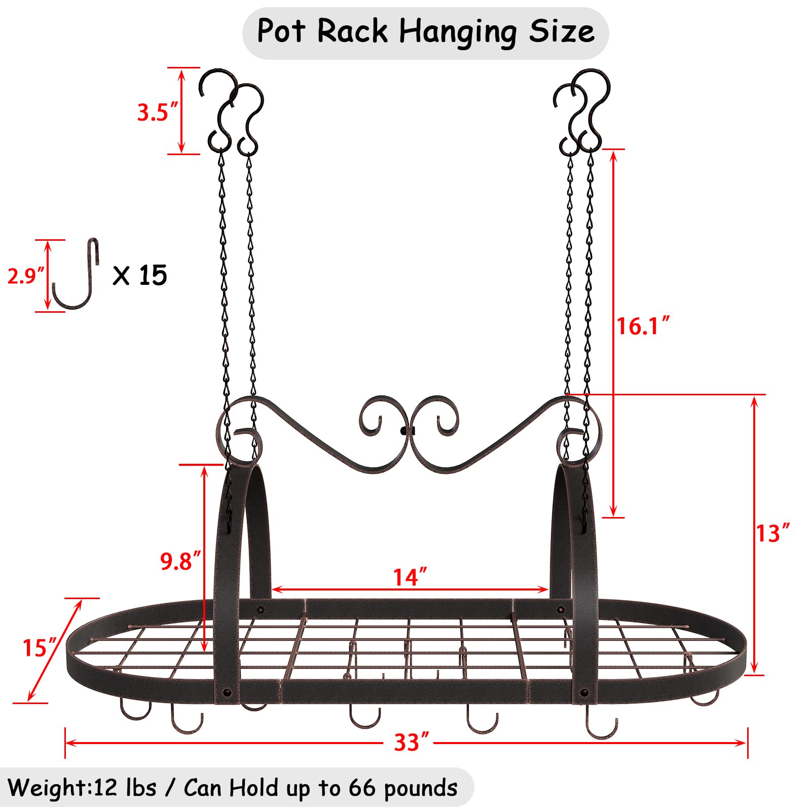 Hängendes Topfregal, Deckenhalterung, 83,8 cm, Metall-Deckentopfregal, Pfannen-Hängeregal mit 15 S-Haken, ovales Topf- und Pfannen-Aufbewahrungsregal, dekorative Vintage-Topfaufhänger für Küche,