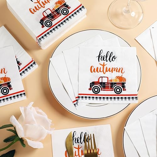 Miniatura 4 de Paquete de 50 servilletas de papel desechables de otoño con texto en inglés Hello Autumn para otoño, calabaza, camión, a cuadros, suministros de