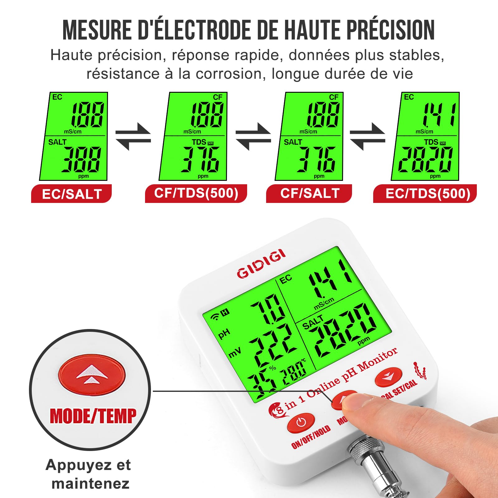 Moniteur de pH et de sel en ligne pour aquarium intelligent 8 en 1 pH TDS EC Sel ORP Humidité CF Température Mètre pour hydroponie Moniteur de pH WiFi Compteur de sel pour aquarium hydroponique