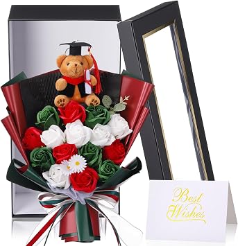 Tigeen 3 Pcs 13.8" Graduation Flower Bouquet Graduation Flower for Mexican Class of 2026 Grad Bear Bouquet Artificial Soap Rose Mini Plush Bear Greeting Card Gift Box for Grad Party