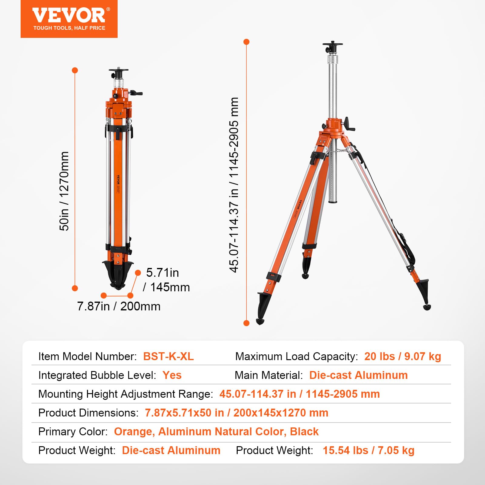 VEVOR Supporto per Treppiede con Livella Laser, Attacco Filettato, Regolazione Altezza 1145-2905 mm, con Bolla Livello Limitatore di Diffusione, Antiscivolo Sollevabili Capacità Massima 9,07 kg