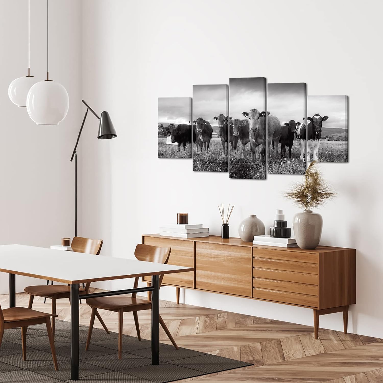 Nachic Wall 5 Piece Farm Animals Canvas Wall Art Black and White Cattles Cows Pictures Wall Decor for Living Room Kitchen Modern Giclee Print Artwork Gallery Canvas Wrapped Ready to Hang image 5