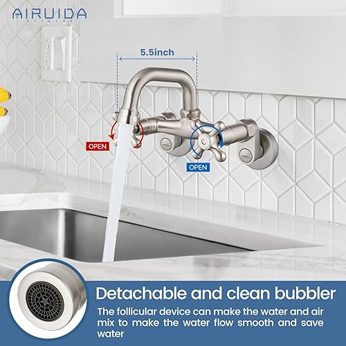 Miniatura 2 de Airuida Grifo de cocina de montaje en pared de níquel cepillado de 4 pulgadas (3.9 in) con boquilla de alcance de montaje en pared, grifo de