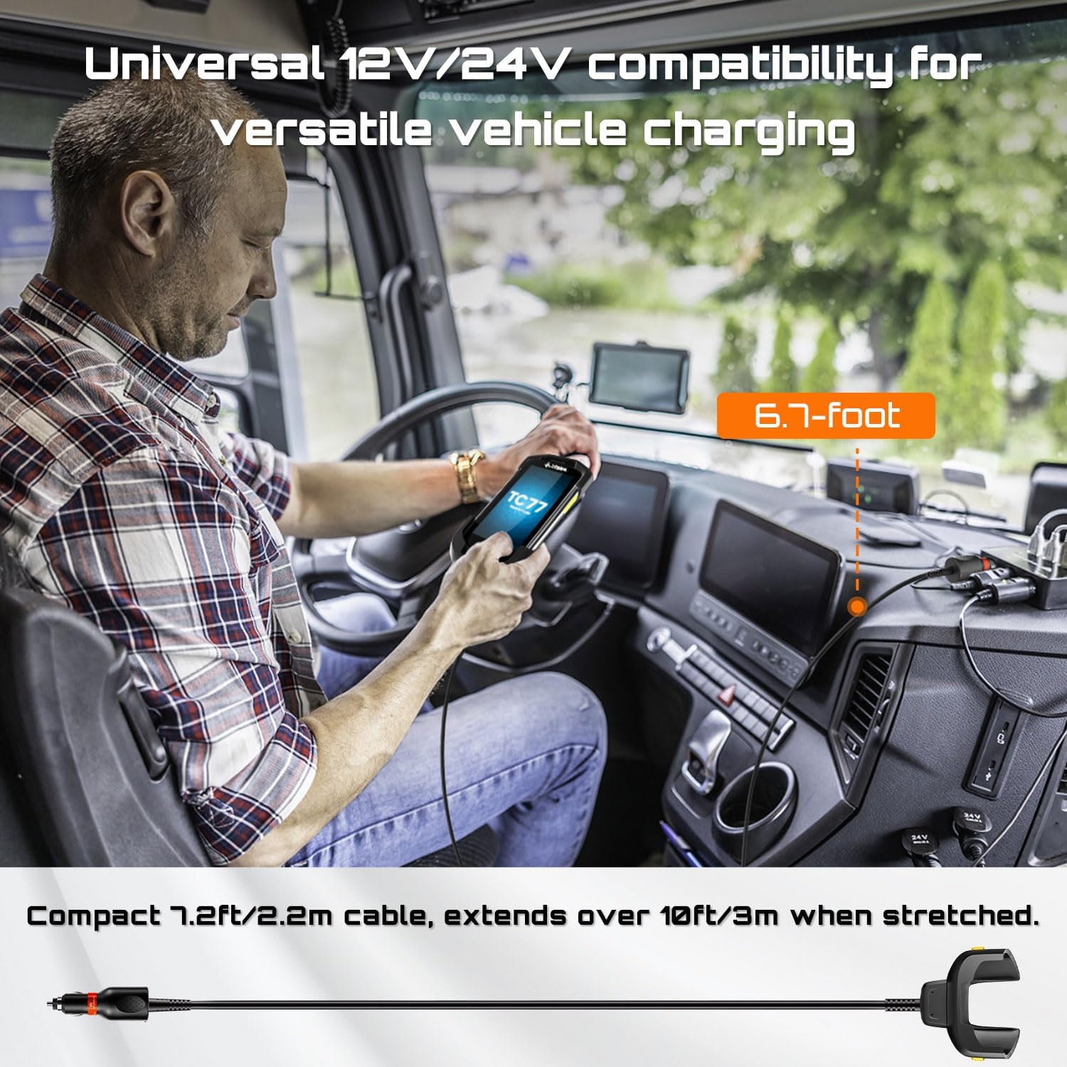 Slim Car Charger Cable for Zebra Symbol Handheld Barcode Scanners - Compatible with TC77, TC70, TC72, TC75, TC70X, TC75X, TC77HL, TC700K - Portable Vehicle Battery Charger, CHG-TC7X-CLA1-01