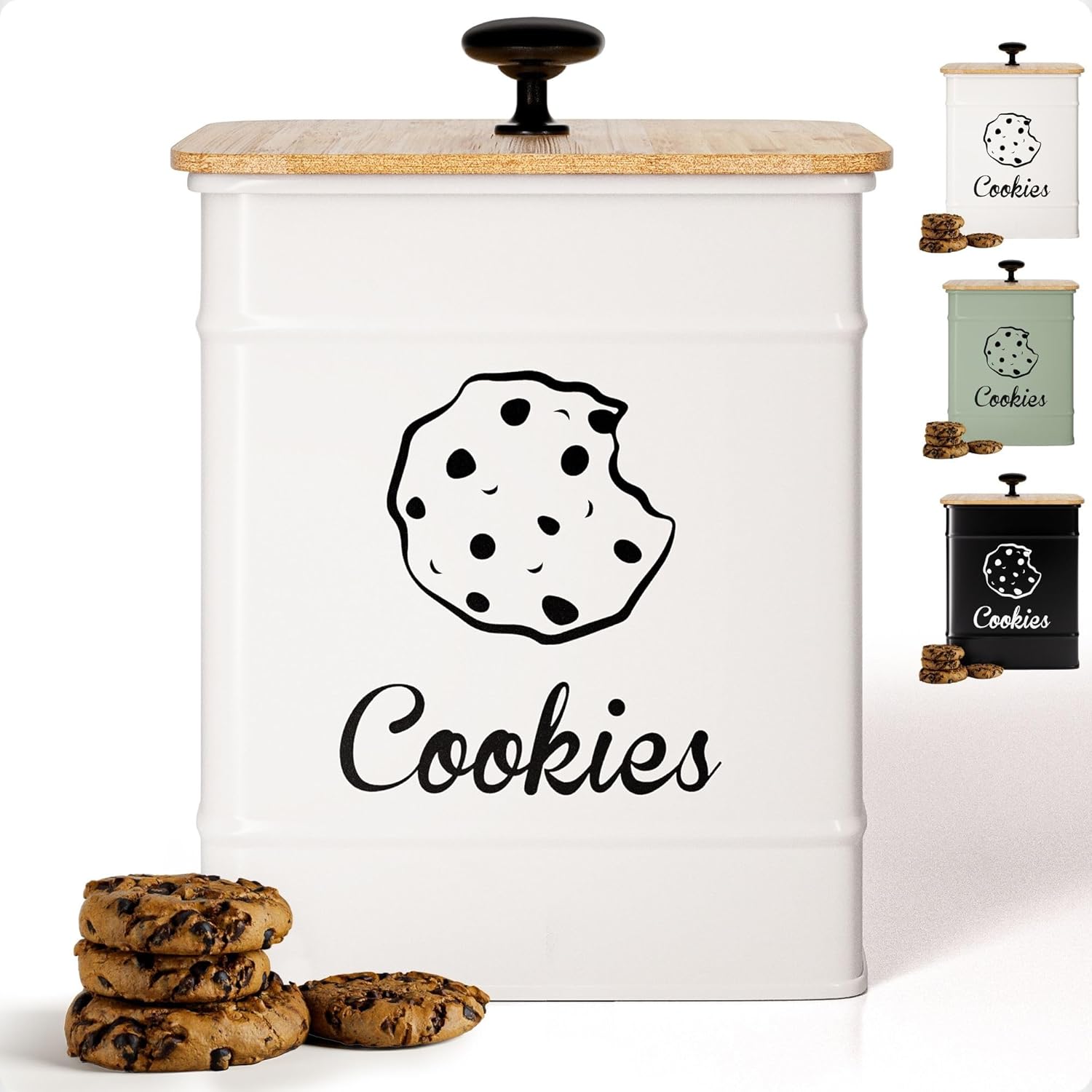 Cookie Jar with Airtight Lid - 1 Gallon - 6"D x 8"H White Iron Cookie Tin with Bamboo Lid - Large Cookie Jars with Lids Airtight - Farmhouse Cookie Jars for Kitchen Counter Decorative - Cookies Jar