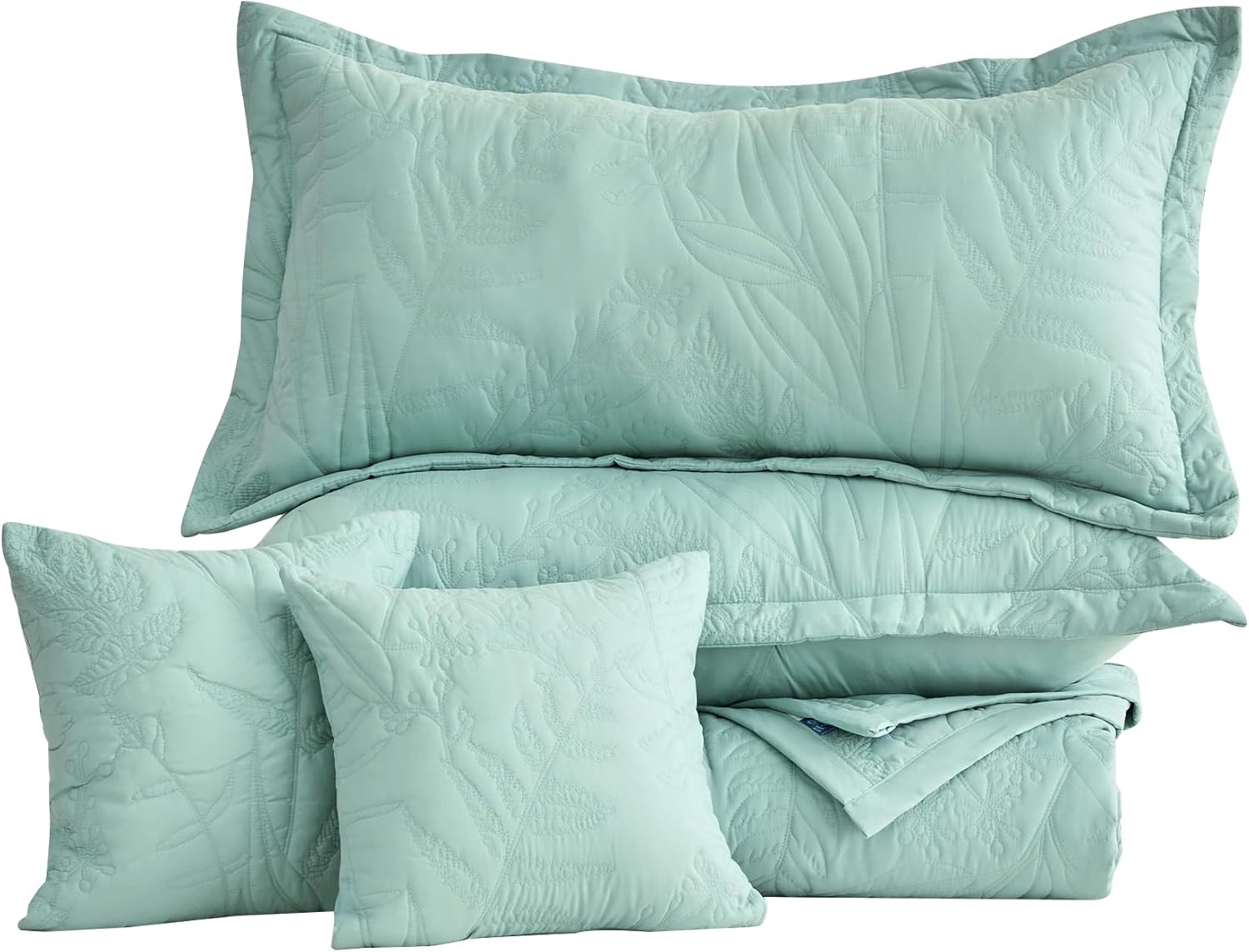 HZ & HY Botanical Oversized King Bedspread, Leaves Pattern Stitching Quilt Set, Elegant & Fresh Style Bedding Cover, Reversible, Lightweight 5 Piece Set, Seaglass - Image 9