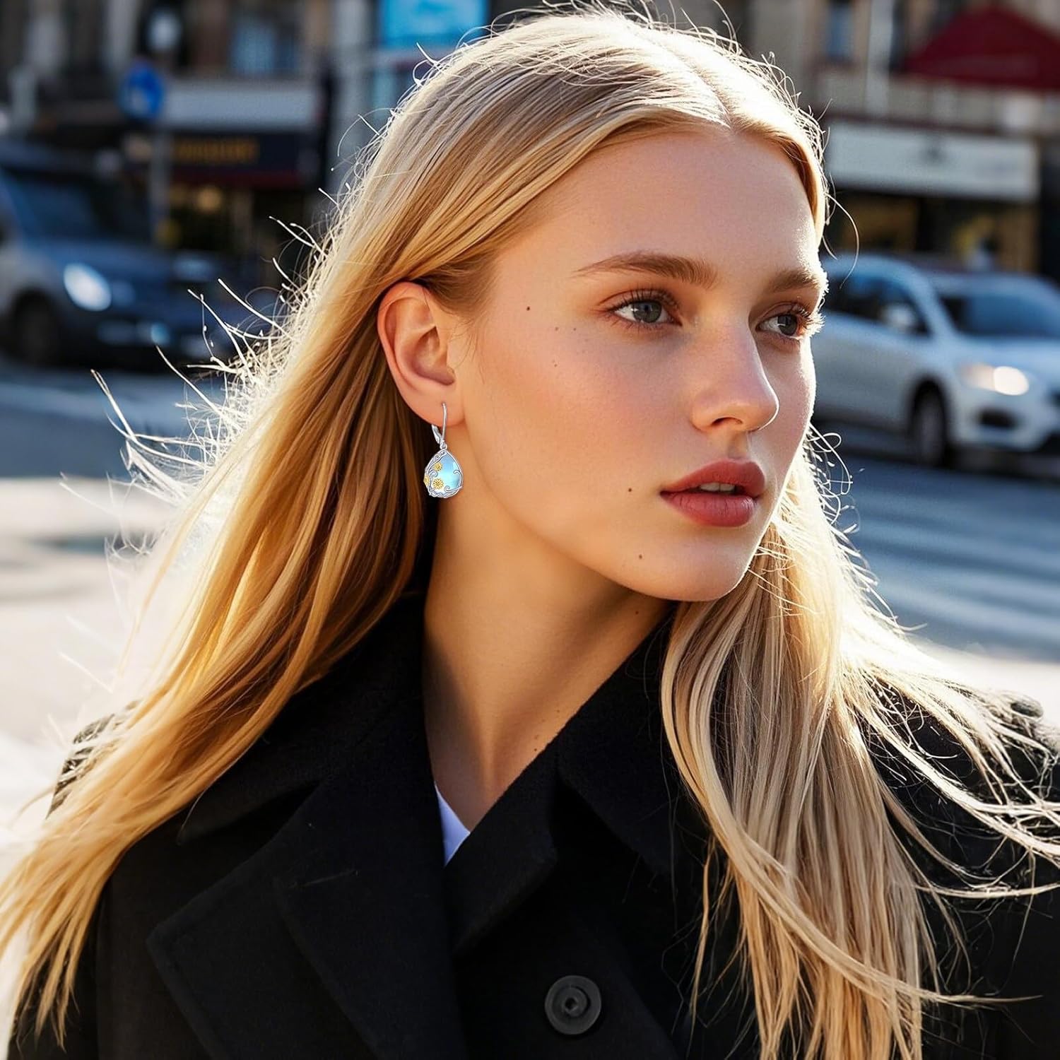 VONALA Sunflower Earring for Women 925 Sterling Silver Teardrop Moonstone Dangle Earring Leverback Sunflower Jewelry Birthday Gifts for Her - Image 3