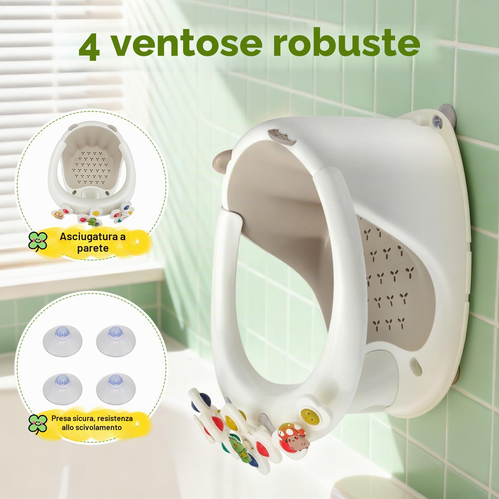 Seggiolino da bagno per bambini dai 6 mesi in su, con 4 ventose forti, schienale ergonomico