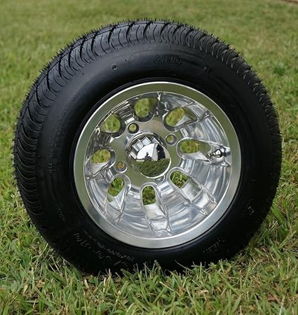 10" Silver Bullet Polished Aluminum Golf Cart Wheels and 205/50-10" DOT Street Tires - Set of 4