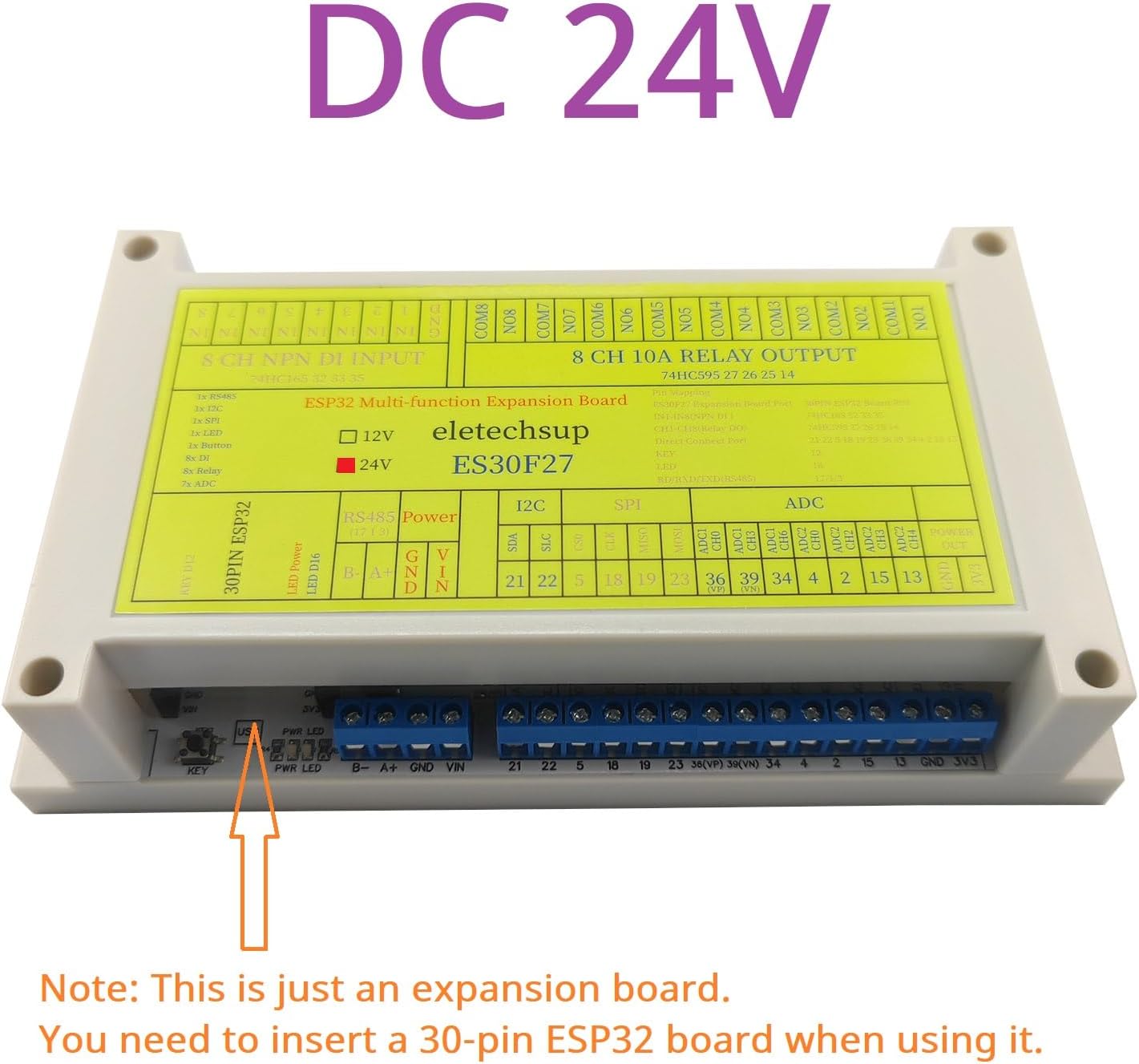 EletechsupESP32 Controller Module with RS485 I2C SPI Support MQTT ESP Home Compatible for Arduino DIY PLC Industrial Automation (DC 24V)