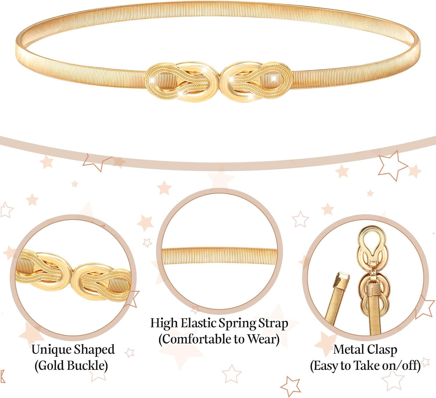 Gold Elastic Skinny Waist Belt for Women, Adjustable Fashion Waistband with Metal Buckle Thin Elastic Chain Belt for Dresses Ladies Dress Jeans Shirt
