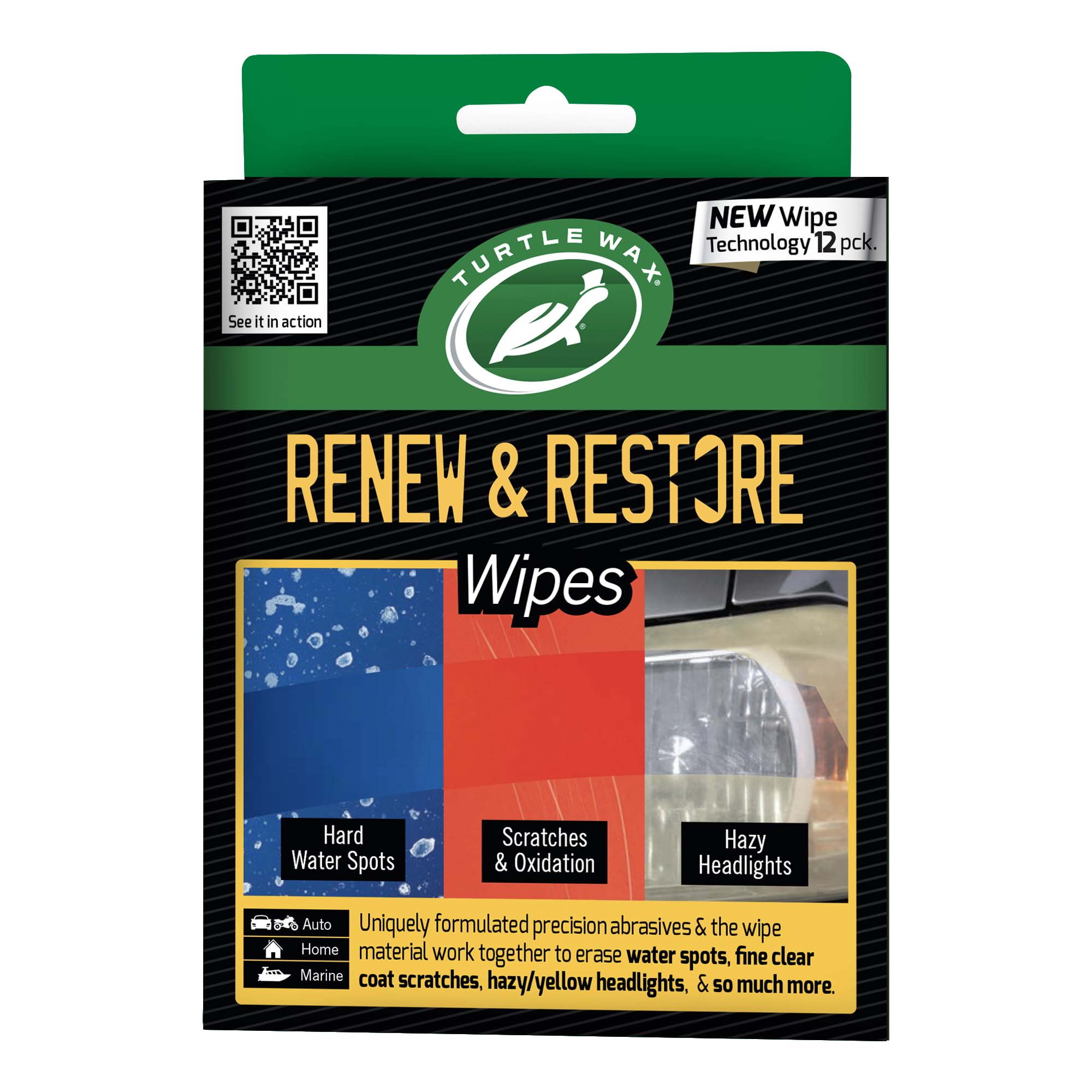Turtle Wax Renew & Restore Compound Wipes, Light Scratch Remover and Headlight Restoration Kit, Effective Water Spot Remover, For Home, Auto, & Marine Use on Glass, Metal, Plastics & More (Pack of 12)