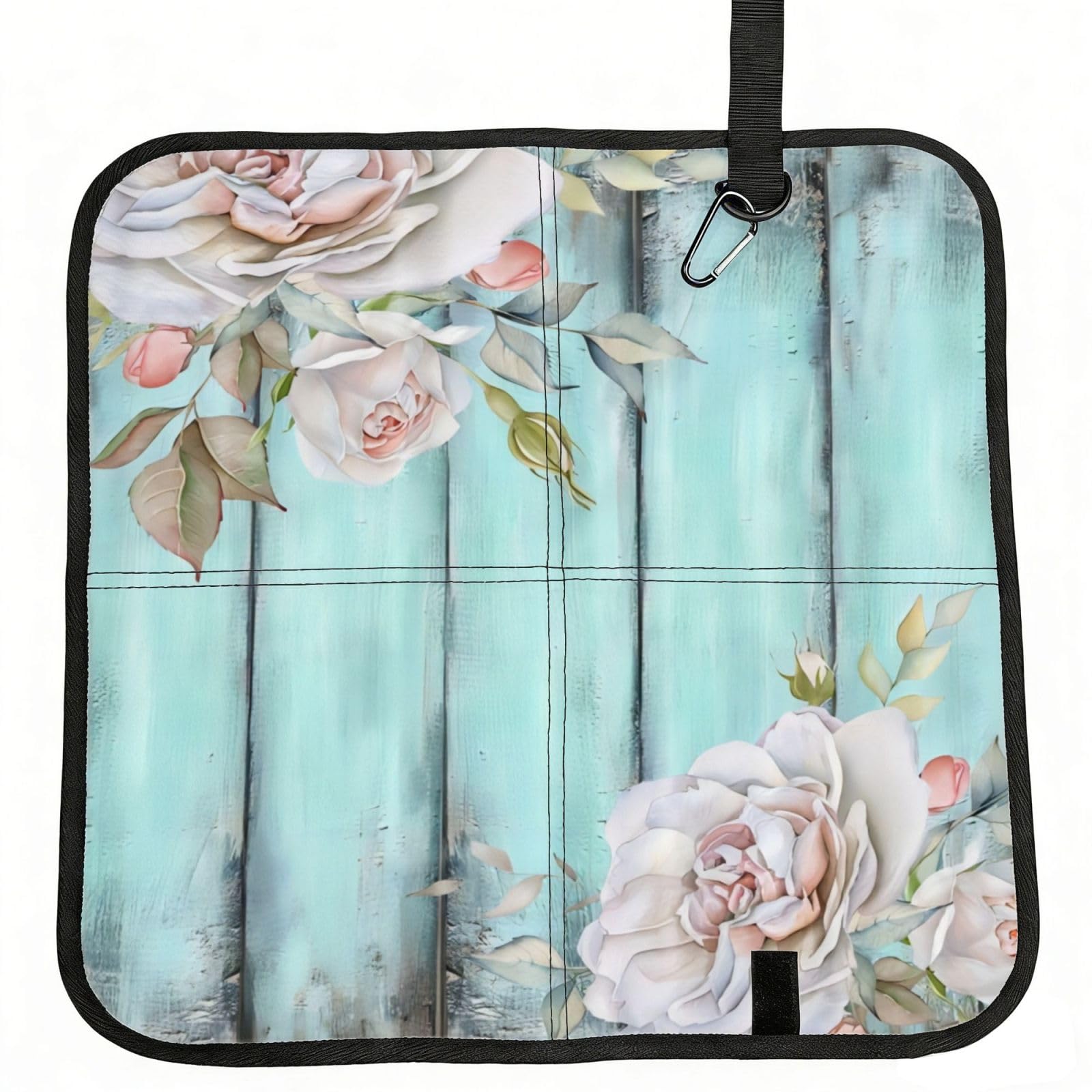 WZYCWB Teal Barn Door Floral Foldable Seating Cushion with Carabiner - Stadium Mat for Camping, Hiking and Outdoor Activities