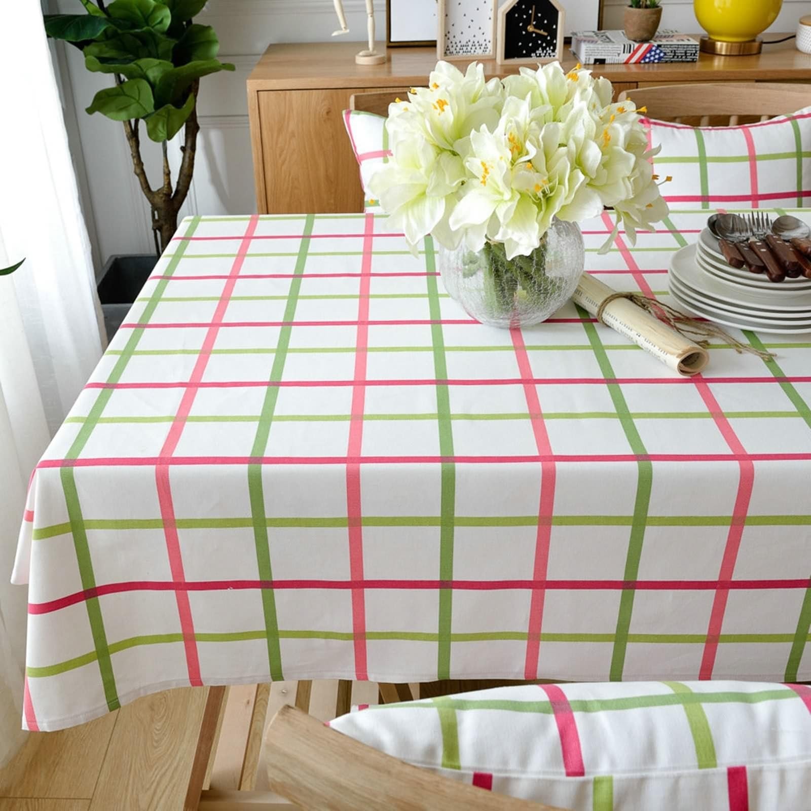 Tischdecke Abwaschbar 135X200CM, Baumwolle Tablecloth Quadratisches Gitter Rot Grün Tischdecke Rechteck