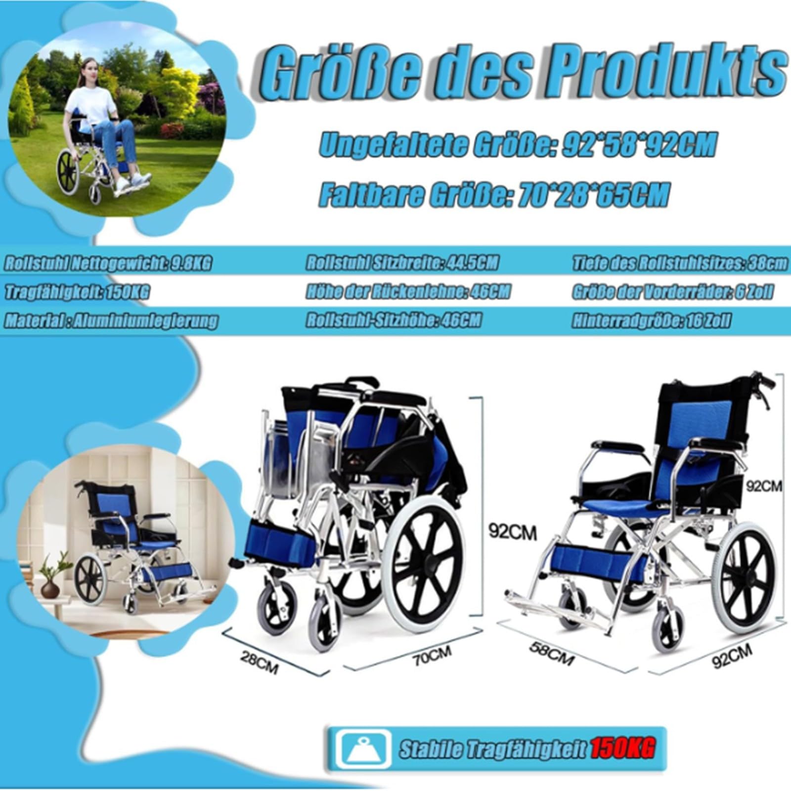 Silla De Ruedas Ligera Plegable De Aluminio, Asiento 45 Cm, Reposapiés Abatibles, Ruedas Macizas, Frenos De Mano Y En Manetas, para Mayores, para Minusválidos
