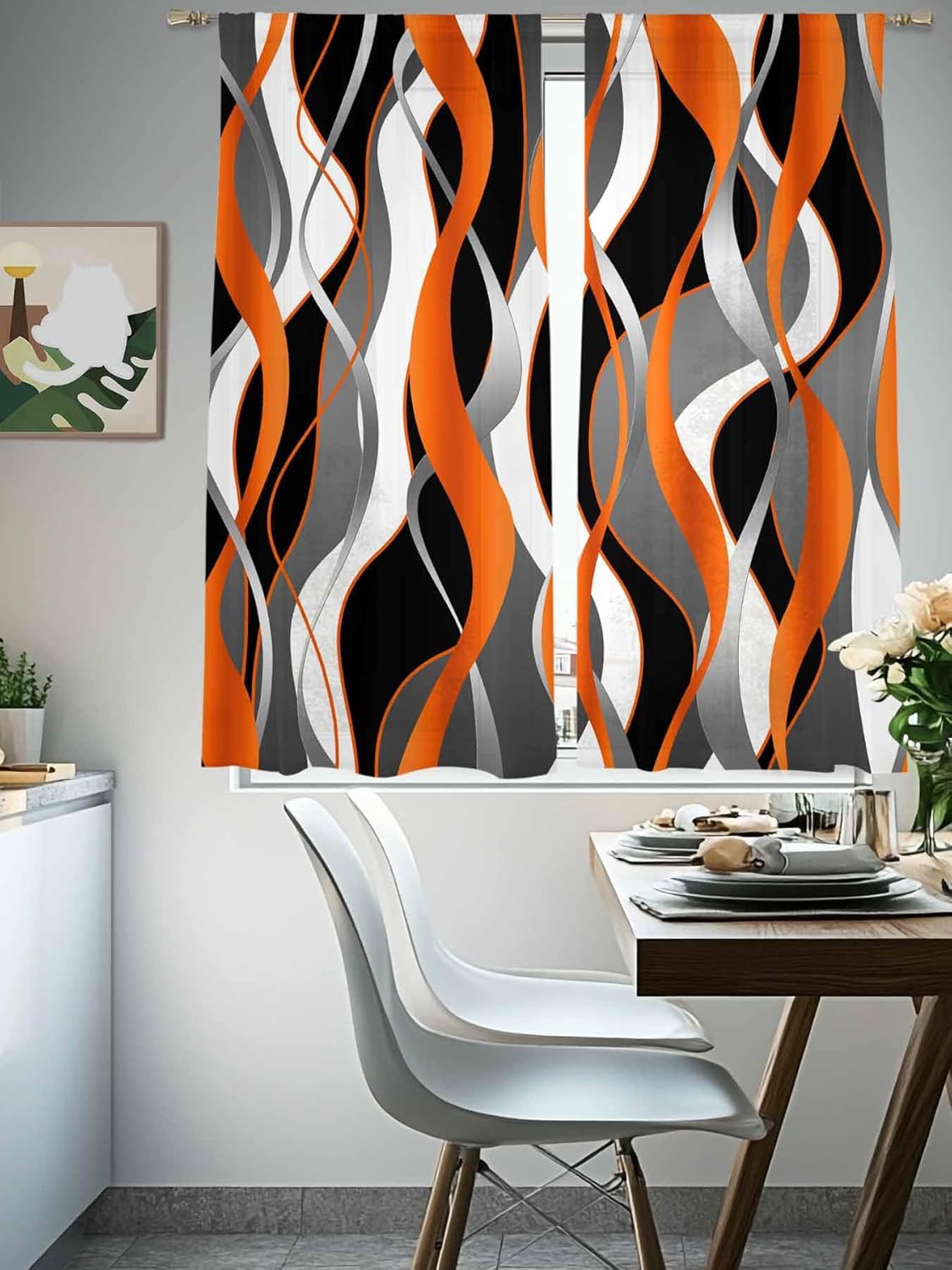 Orange Black Grey Sheer Curtains 63 Inch Length 2 Panels Set for Living Room/Bedroom, Modern White Moire Geometric Abstract Art Curtain Sheers Drapes Rod Pocket Curtains Window Treatment Set 52x63x2
