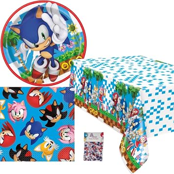 Sonic The Hedgehog Party Supplies Set, Gaming Theme Decorations with 32 9-inch Sonic Plates and Napkins, Sonic Tablecover, and Confetti perfect for Kids Sonic Birthday Party