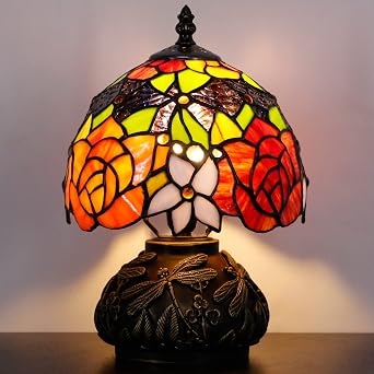 Small Tiffany Lamp Mini Stained Glass Table Lamp Red Yellow Rose Style Mushroom Desk Light Memory Sympathy Lamp 8X11 Inch [Energy Class A+]