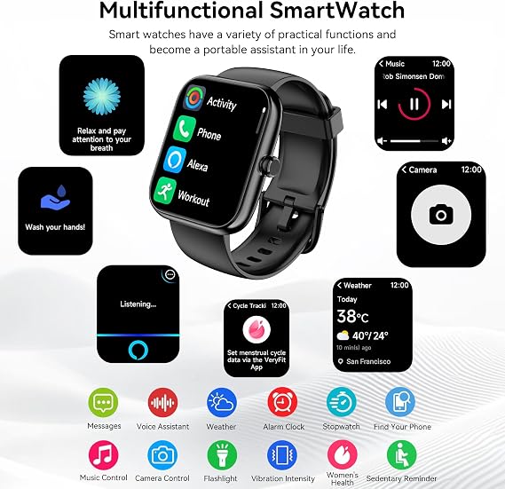 Smart Watch with Alexa Built-in, Bluetooth Calls/Notifications, 1.83 HD Health Fitness Tracker, 24/7 Heart Rate and Sleep Tracking, 120+ Sports Modes, IP68 Waterproof for iPhone and Android (Black)