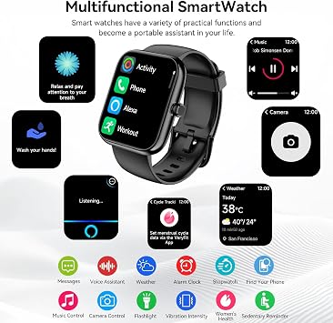 Smart Watch with Alexa Built-in, Bluetooth Calls/Notifications, 1.83 HD Health Fitness Tracker, 24/7 Heart Rate and Sleep Tracking, 120+ Sports Modes, IP68 Waterproof for iPhone and Android (Black)