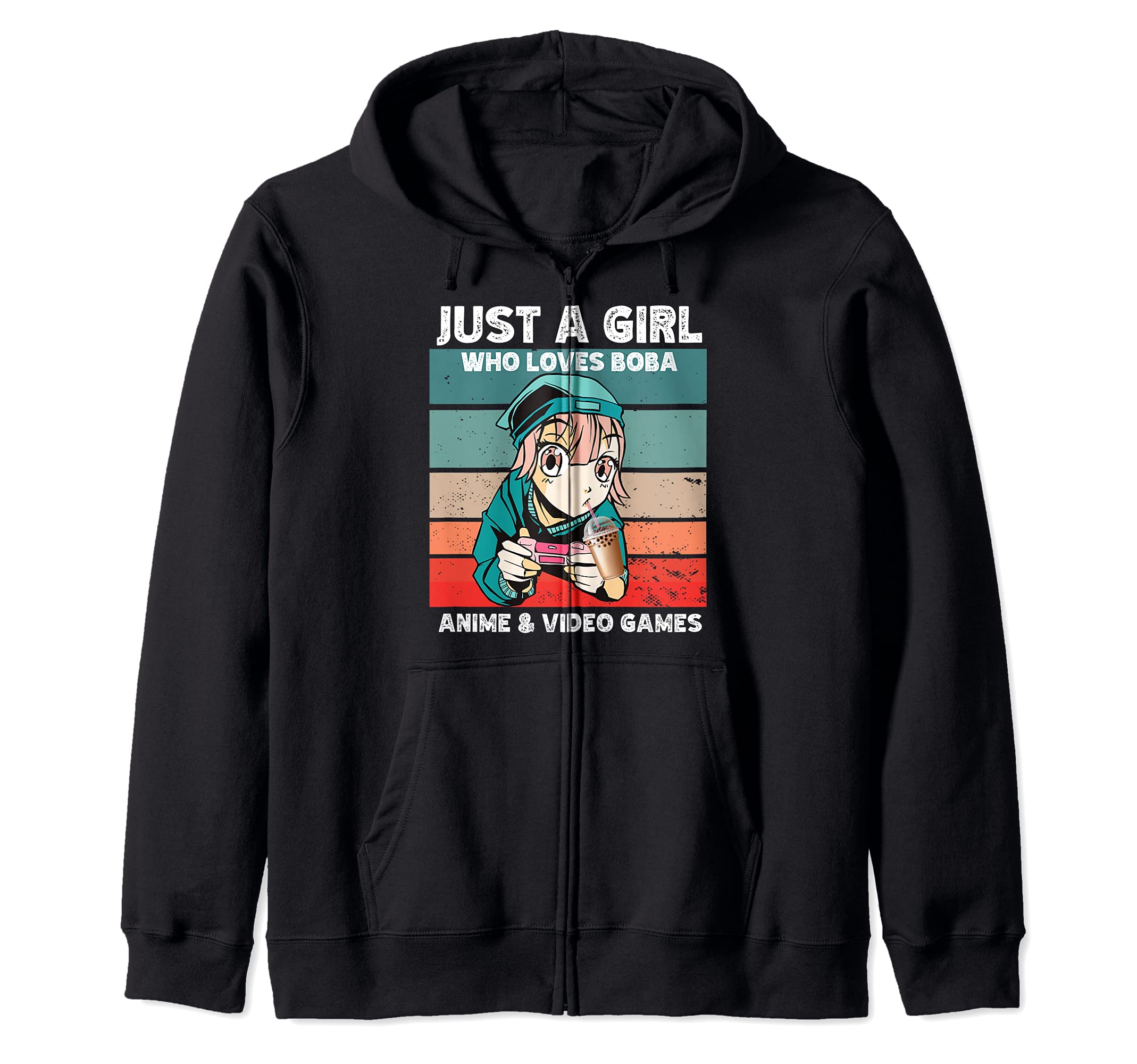 Just a girl who loves Boba anime and gaming kawaii manga Zip Hoodie, Black