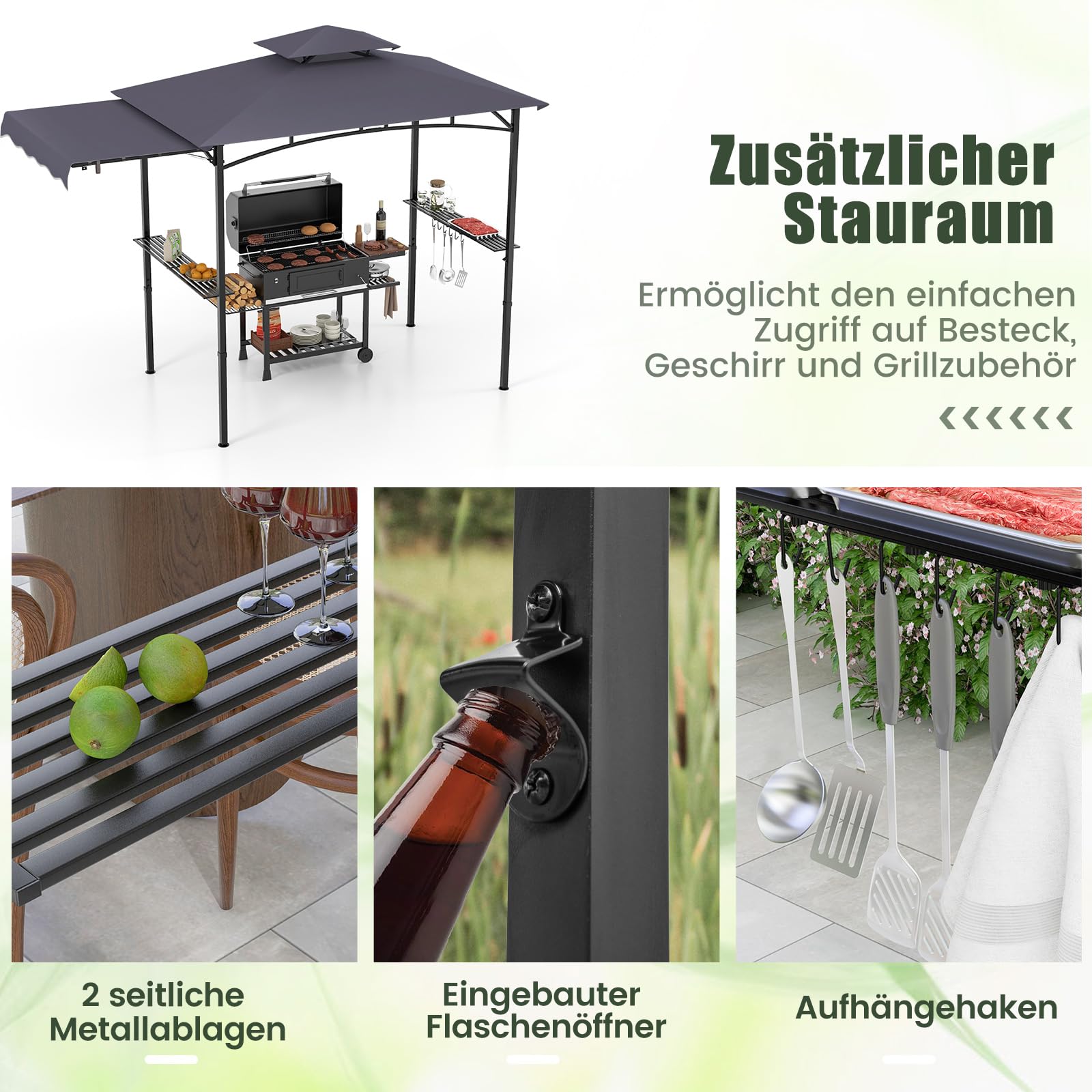 GOPLUS Pawilon grillowy, pawilon z podwójnym dachem i markizą boczną, zadaszenie grilla z 2 półkami, 6 haczykami, otwieracz do butelek, stojak do grilla, odporny na warunki atmosferyczne, do ogrodu