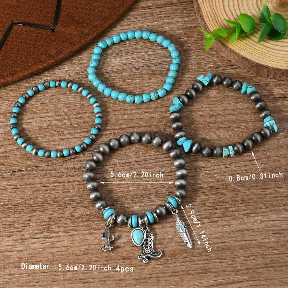Western Bracelets Set Cowgirl Boot Turquoise Beaded Leaf image 3