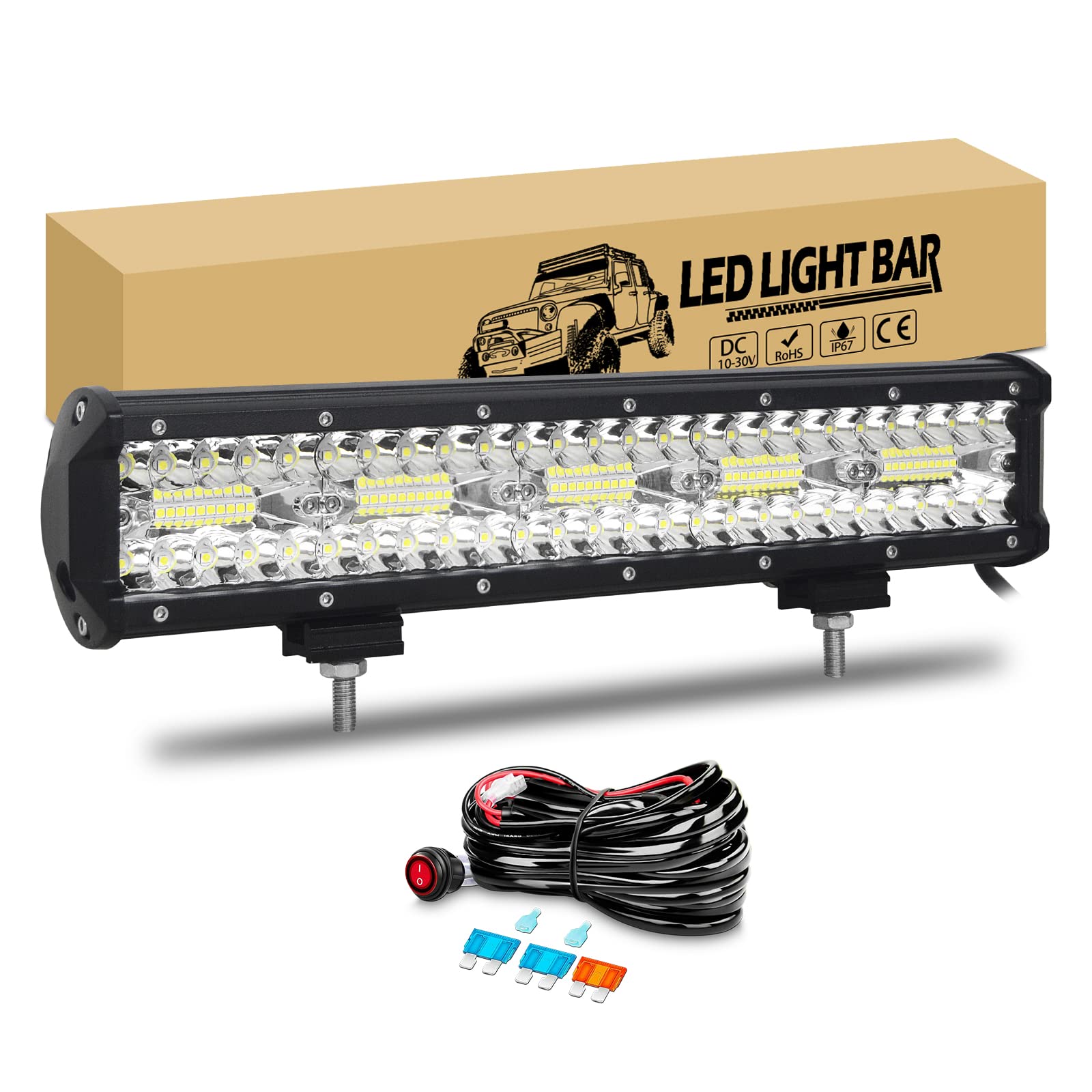 RIGIDON Barra Led 15 pulgadas 38cm 300W barras de luz de trabajo con 12V Kit de cableado, largo alcance luminosas Iluminación Luces Conducción para off road camión tractor coche todoterreno suv 4x4