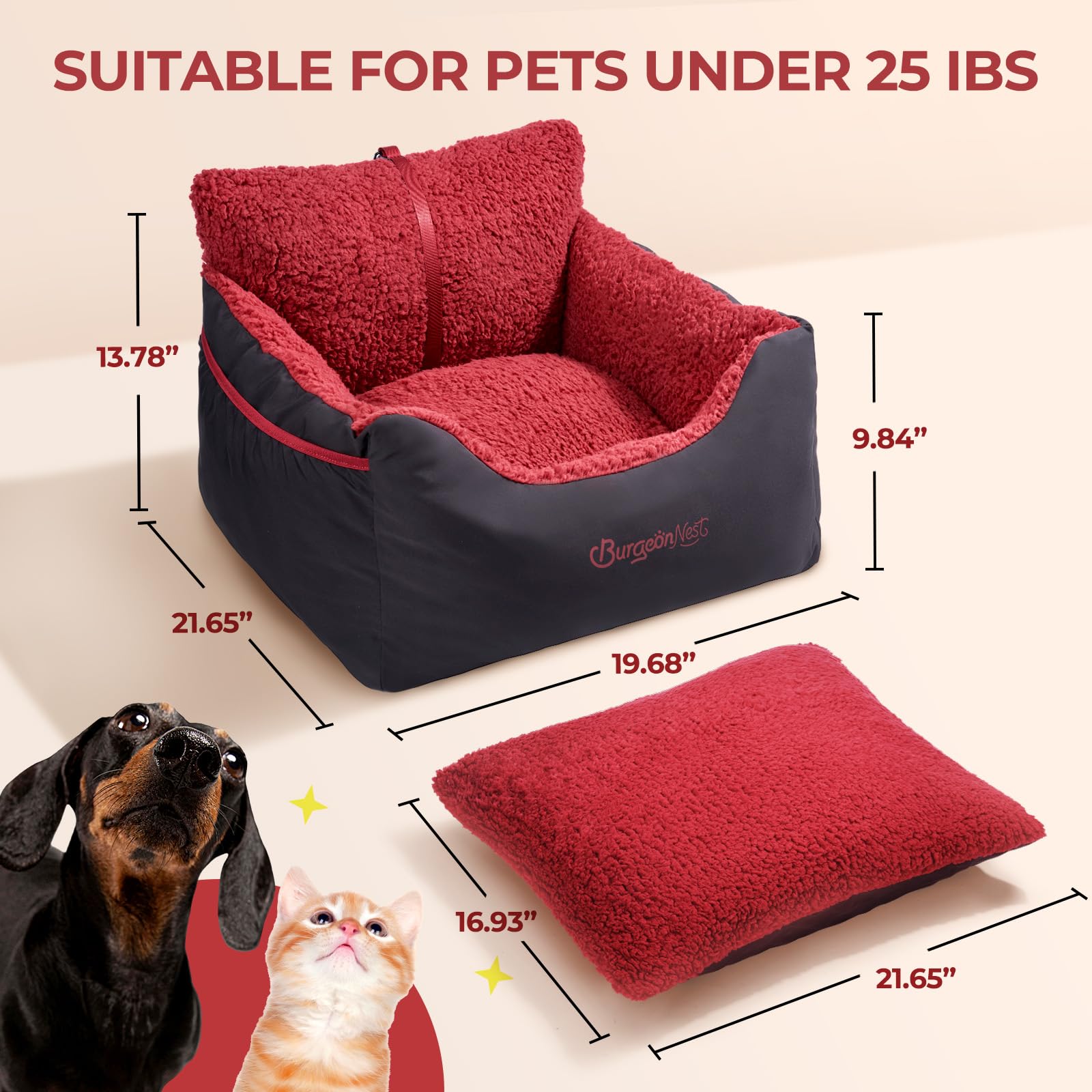 Condition photo showing New/Like New for burgeonnest dog car seat for small dogs, detachable and washable cat carseats under 25 lbs, soft pet booster seats with storage pockets and clip-on leash portable car travel carrier bed, black red