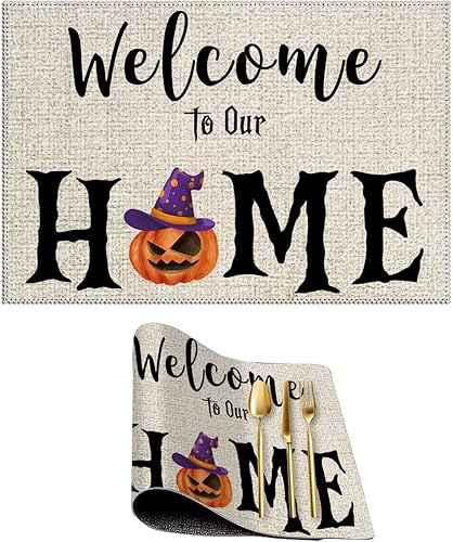 Tapete de mesa de Halloween Bienvenido a nuestro hogar, tapete de bruja y calabaza, regalo de inauguración de la casa, 12 x 18 pulgadas, mantel