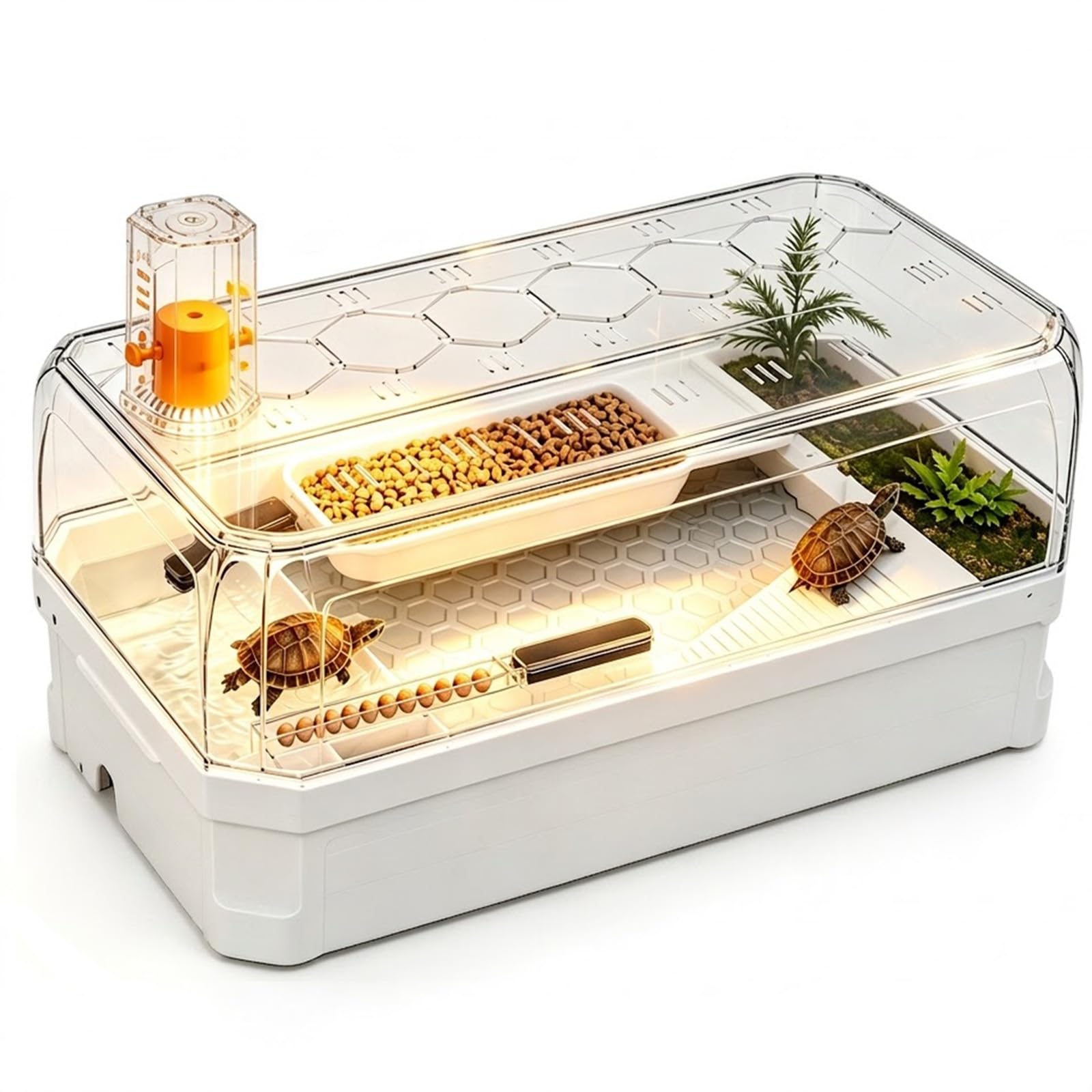 Acuario para Tortugas con Bomba de Agua y Filtro | Fácil de cambiar el agua y limpiar, resistente a caídas, con plataforma para plantas y rampa(Large)