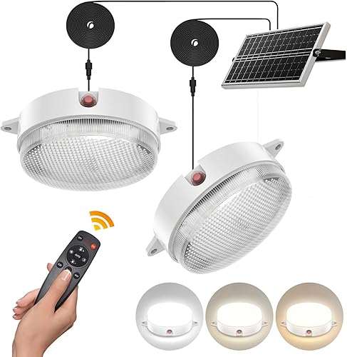 UPONUN Solar Ceiling Lights 2 Pack, Daytime Available 3200K4000K6000K Dimmable Solar Shed Lights with On Off Switch & Remote Control 120LED*2 Solar