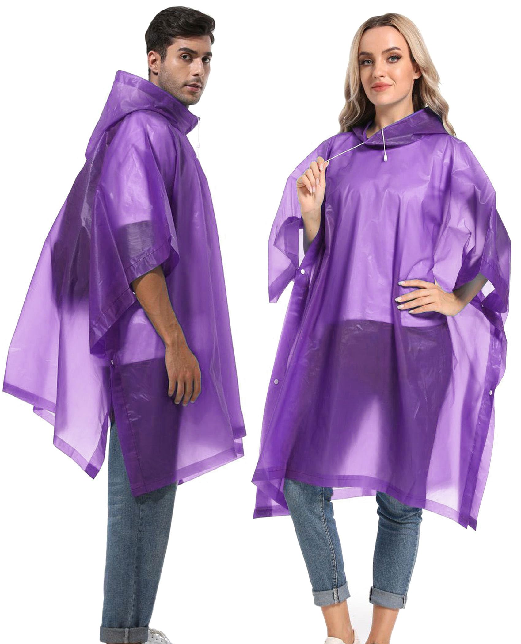 Reusable Rain Ponchos with Drawstring Hood for Adults, Waterproof Thicken Rain Coat, 2 Packs
