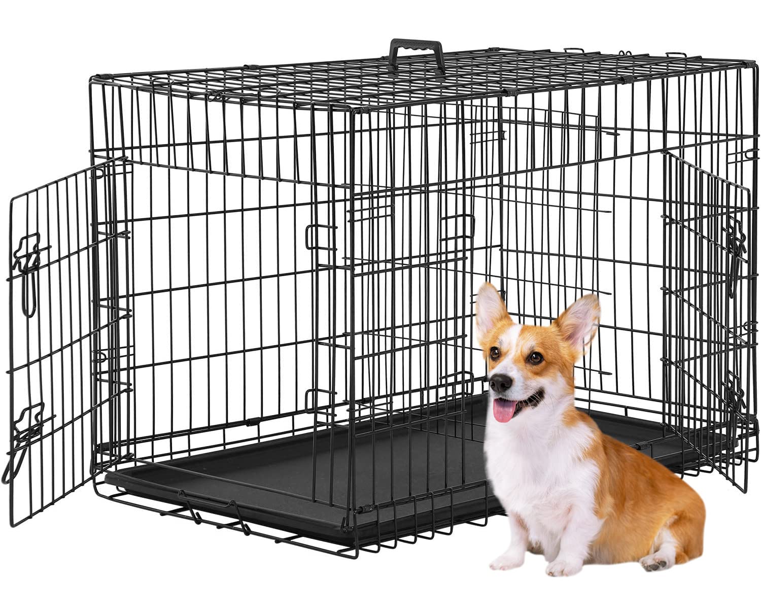 Dog Crate Kennel Pet Cage for Large Medium Dogs Travel Metal Double-Door Folding Indoor Outdoor Puppy Playpen with Divider and Handle Plastic Tray,48 42 36 30 24 inches (36" Dog Cage)