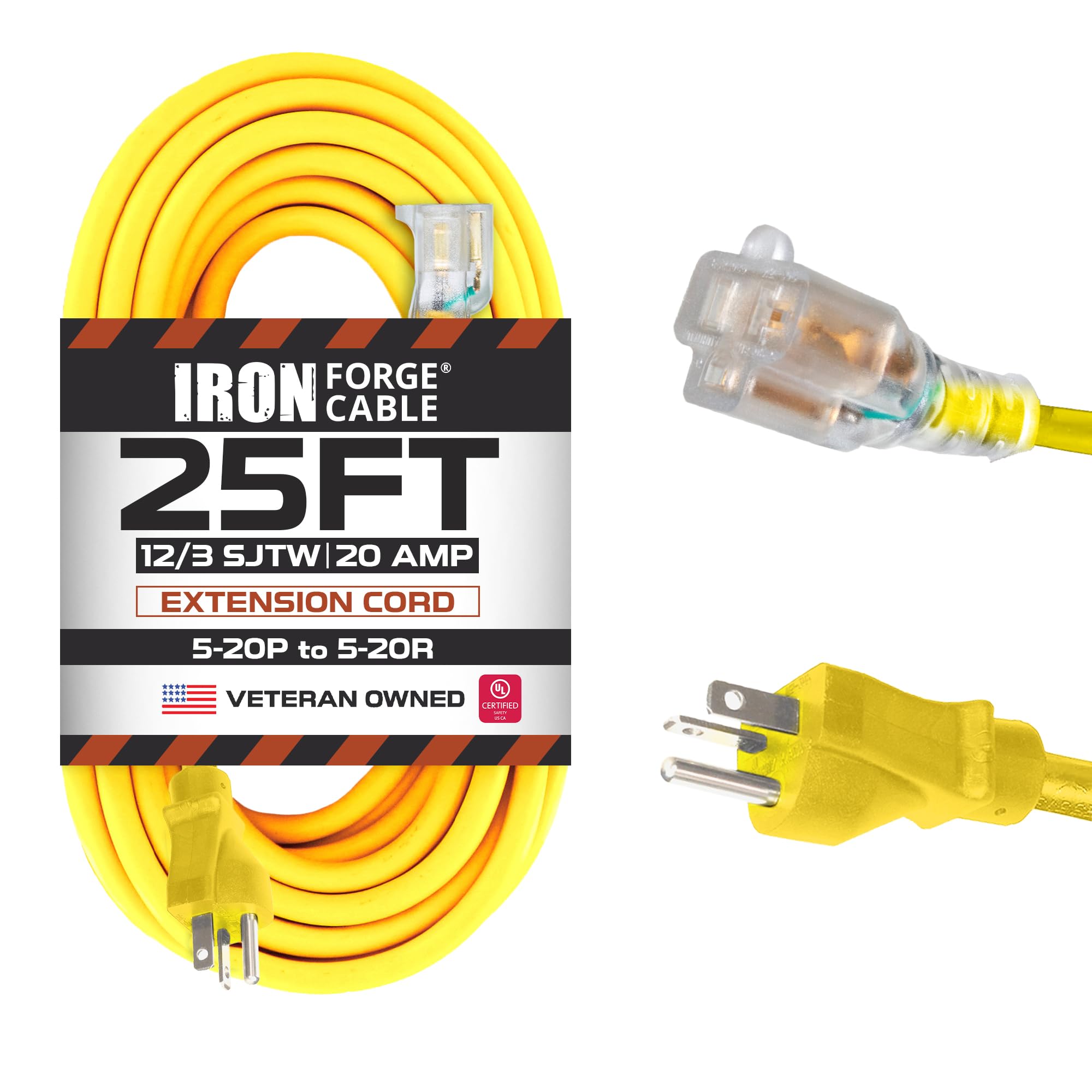 Iron Forge Cable 25 Ft 20 Amp Dryer/EV Extension Cord - 5-20P to 5-20R Lighted Yellow SJTW 12 Gauge Electric Cable, Heavy Duty 25 Foot 3 Prong Dryer Cord