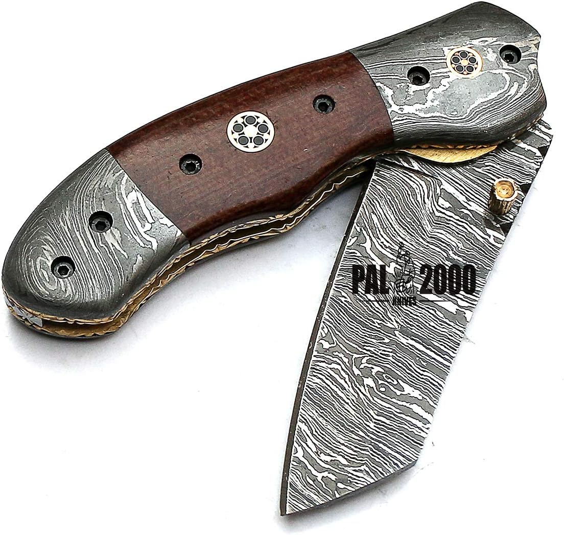 PAL 2000 KNIVES Custom Handmade Damascus Steel 7.4 Inches Folding Pocket Knife Knife Micarta Handle with Sheath 8467