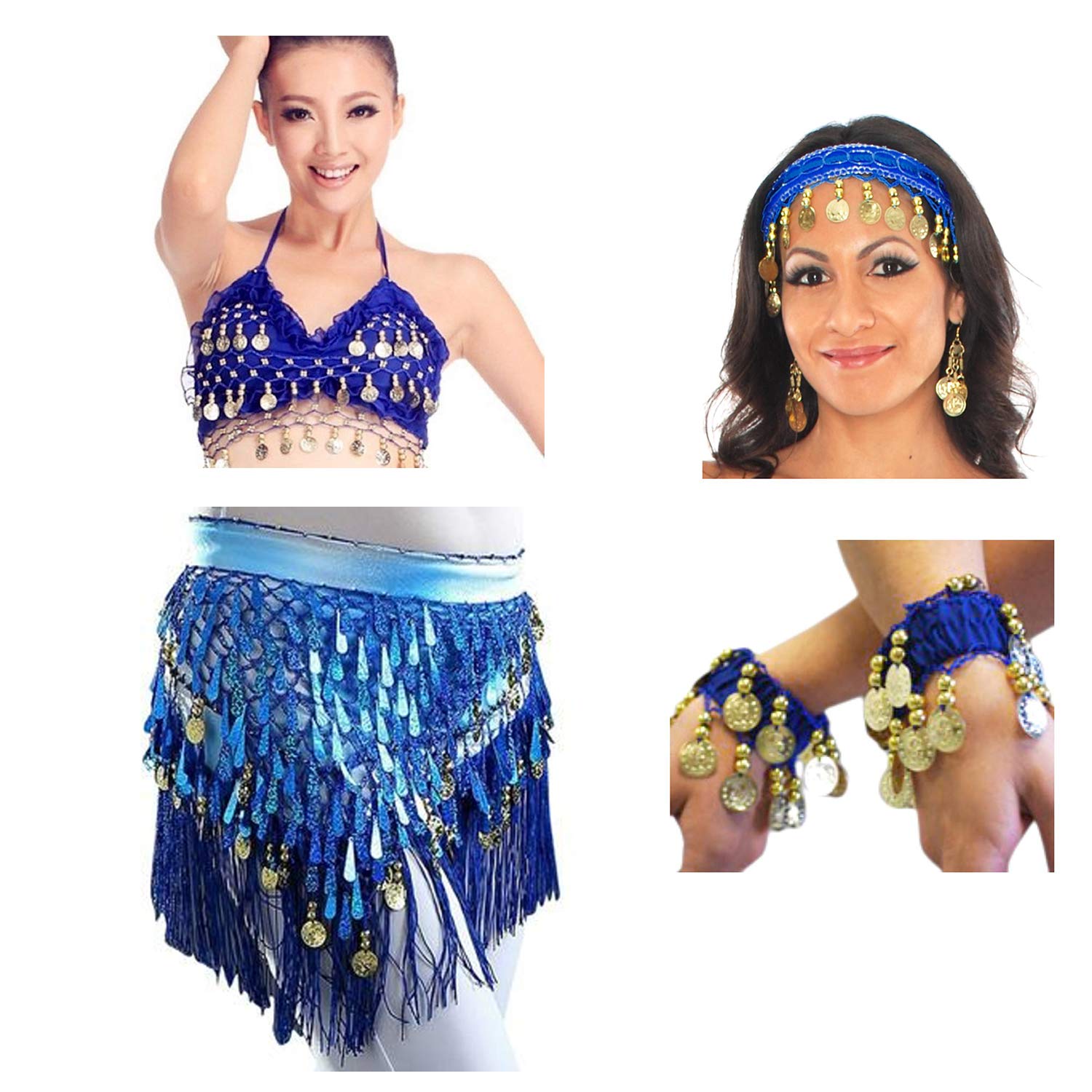 VRITRAZ Women's Chiffon Belly Dance Hip Scarf Waistband Belt Colors Beads and Golded Coins (RoyalBlue, Pack of 4)-picture-11