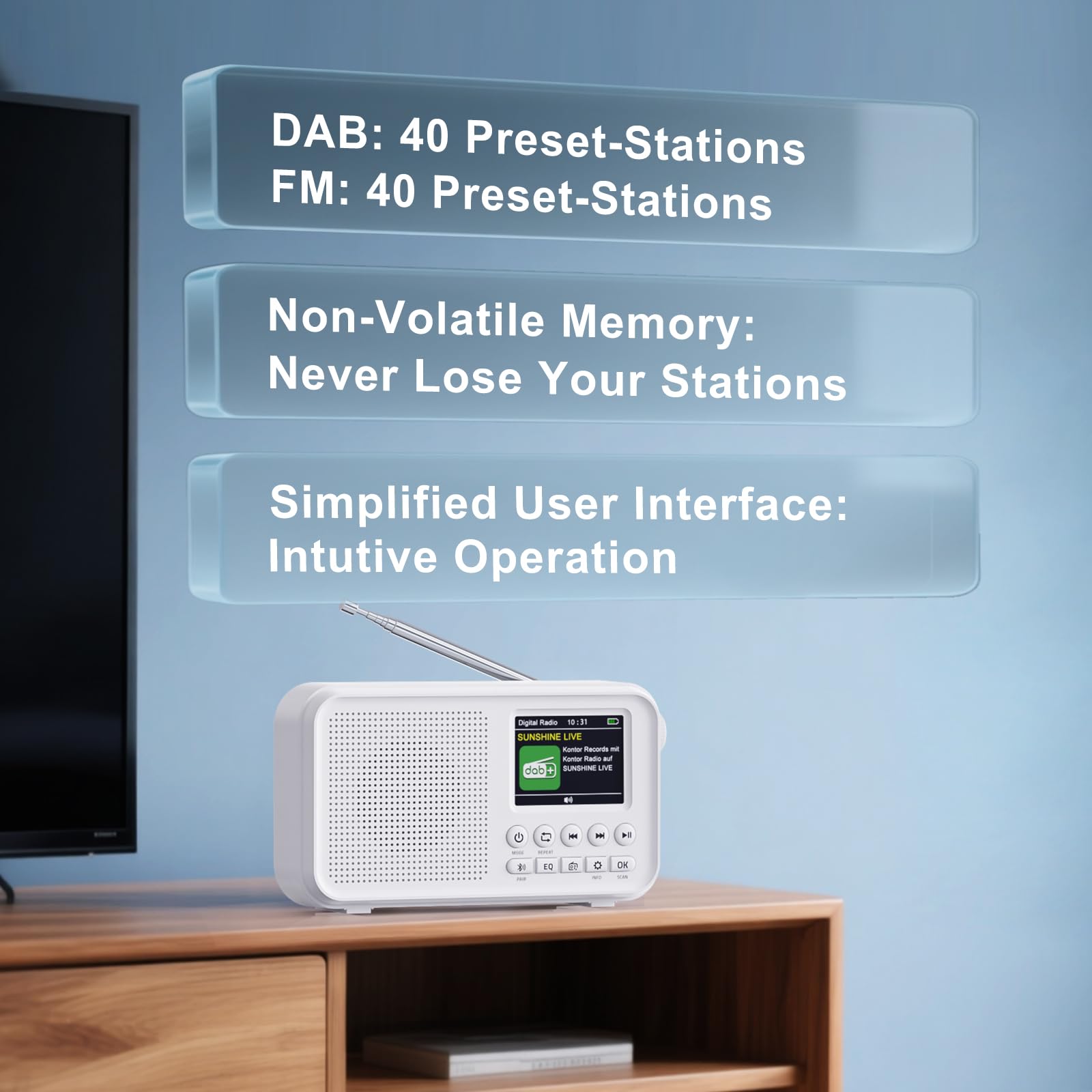 ROCAM Portable DAB/DAB+/FM Radio 3000mAH Rechargeable Battery & Mains Powered, 2.4" Digital DAB Radio with Bluetooth 5.0 & Hi-Fi Speaker, 40 Presets Stations, TF Card Support, Dual Alarms, EQ Modes — view 8