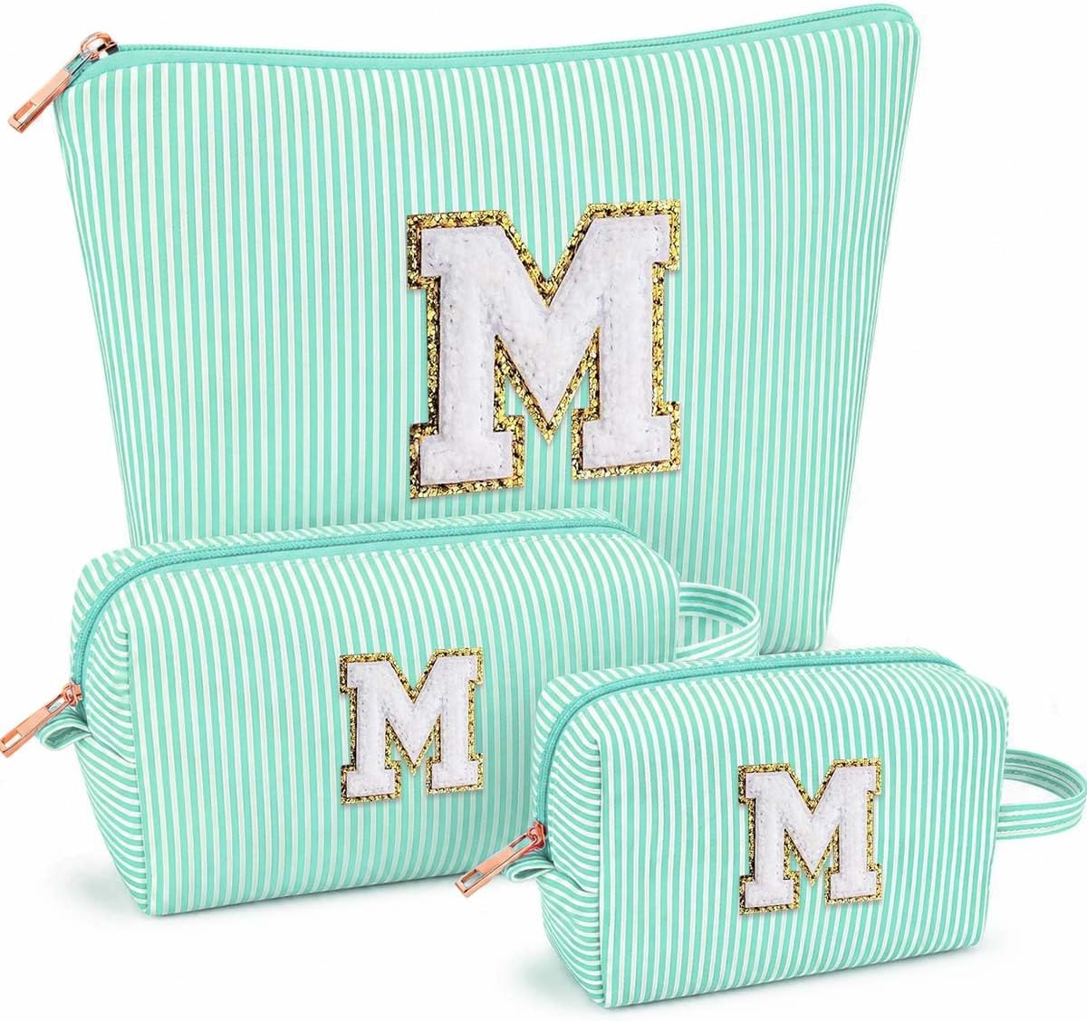 3 PCS Initial Makeup Bags for Women - Cosmetic Bag for Travel Toiletry Personalized Cute Makeup Pouch Birthday Gifts for Grilfriend Wife Moms Bridesmaid Retirement Travel Gifts - Green M