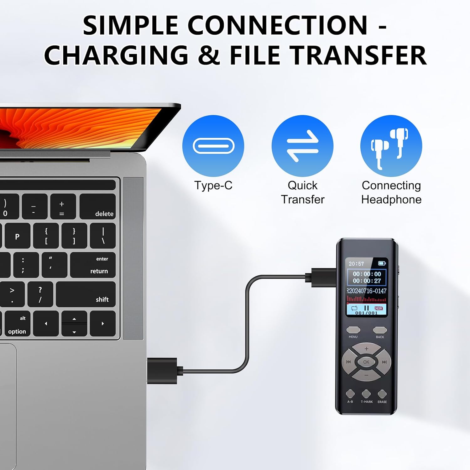 Diagram showing the COVVY G3 recorder connected to a laptop via USB-C for charging and file transfer.