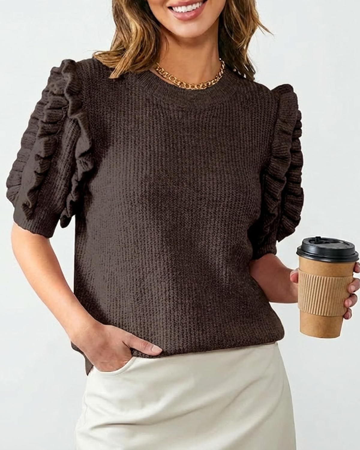 Women's Ruffle Sleeve Sweater Fall Trendy Crew Neck Ribbed Knit Ruffle Blouse Sweaters - Image 4