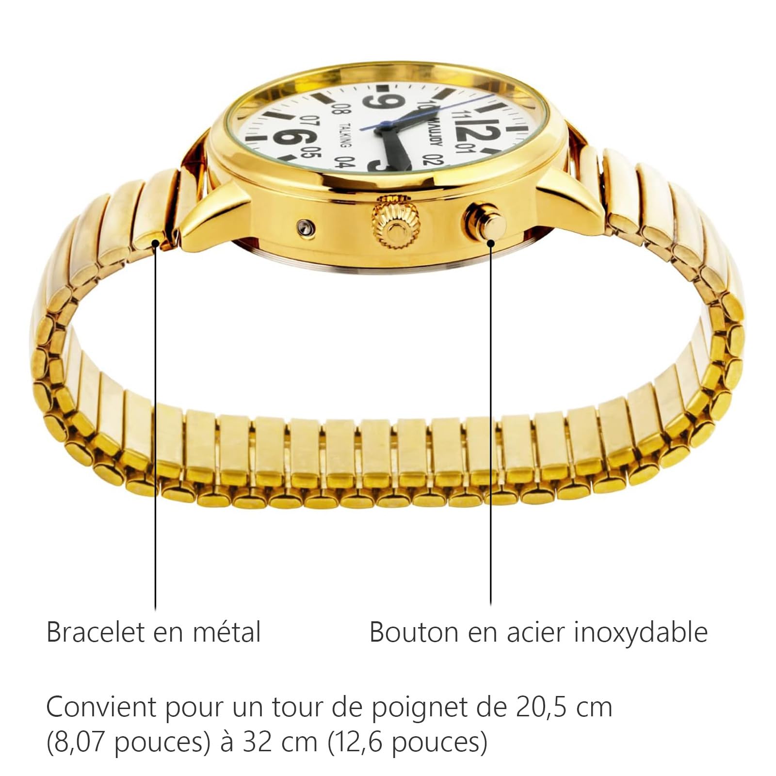 Montre parlante Anglaise pour Homme et Son Fort, Annonce l'heure | Annonce en français + réglages vocaux, alarme et carillon horaire adaptés aux seniors et malvoyants