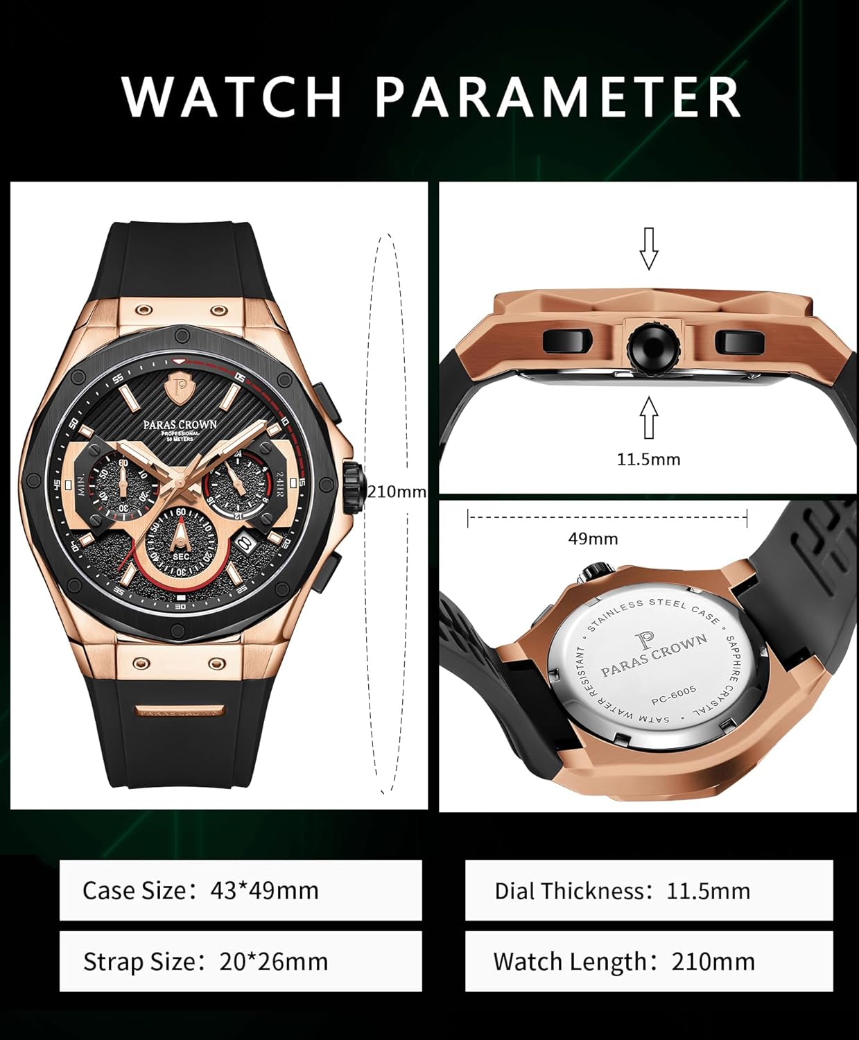 Paras Crown Watches for Men Luxury Japanese Quartz Movement Chronograph Analog Watch Stainless Steel Case 5ATM Waterproof Mens Watches - Image 3