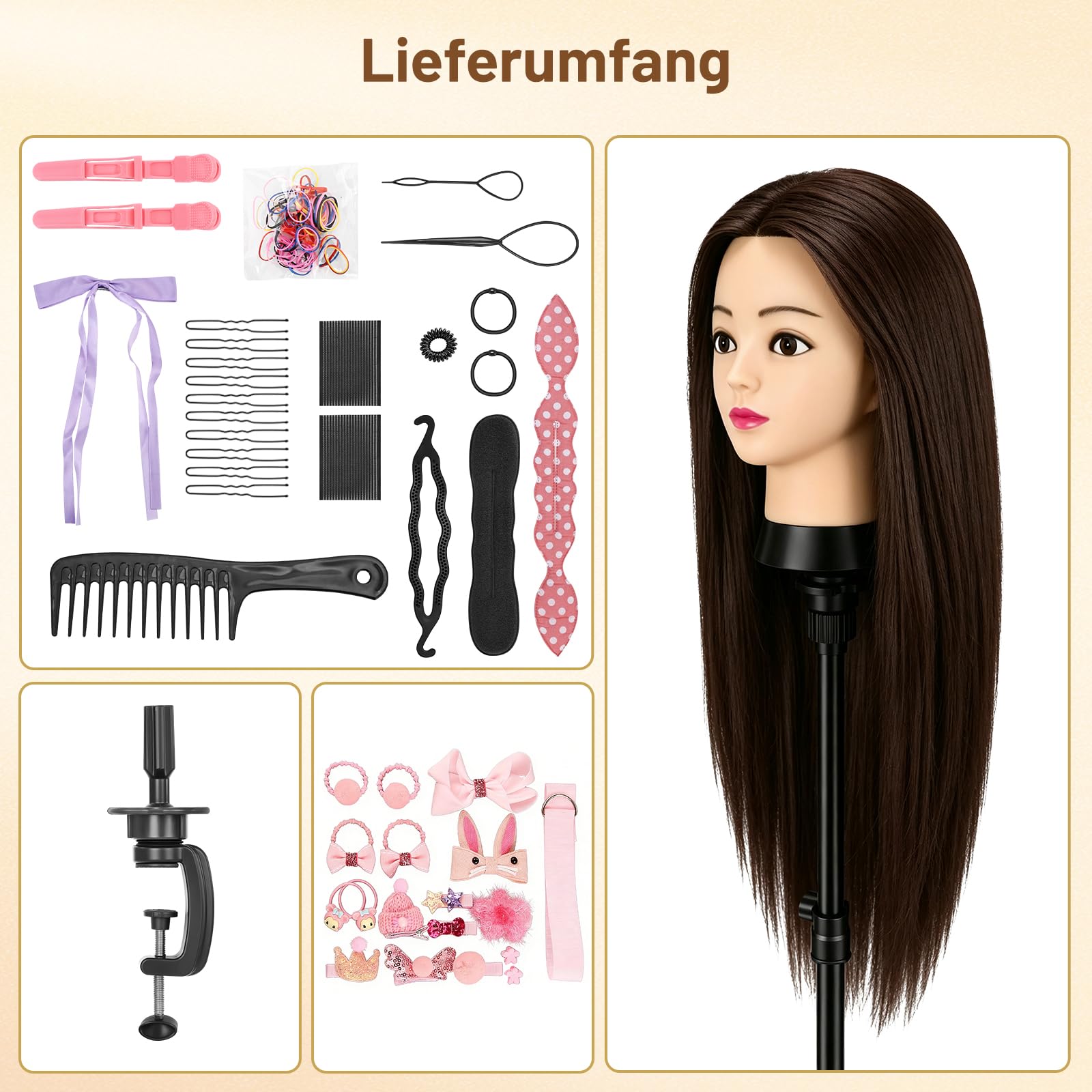 TwoWin 60 cm Trainingsköpfe Friseur, 24 Zoll Frisierkopf mit 80% Echthaar | Übungskopf Friseurkopf Puppenkopf mit Tischhalter + Haar Styling Braid Set (Rotbraun)