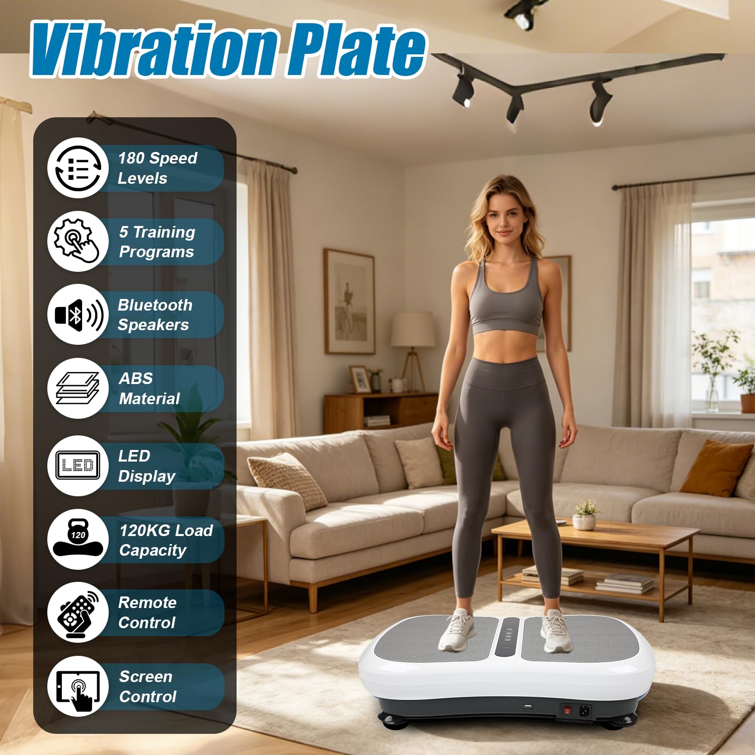 Piastra vibrante, per sport a casa, 99 livelli di intensità, 5 programmi di allenamento, tavola vibrante per allenamento di tutto il corpo, costruzione muscolare, altoparlante Bluetooth, portata 130