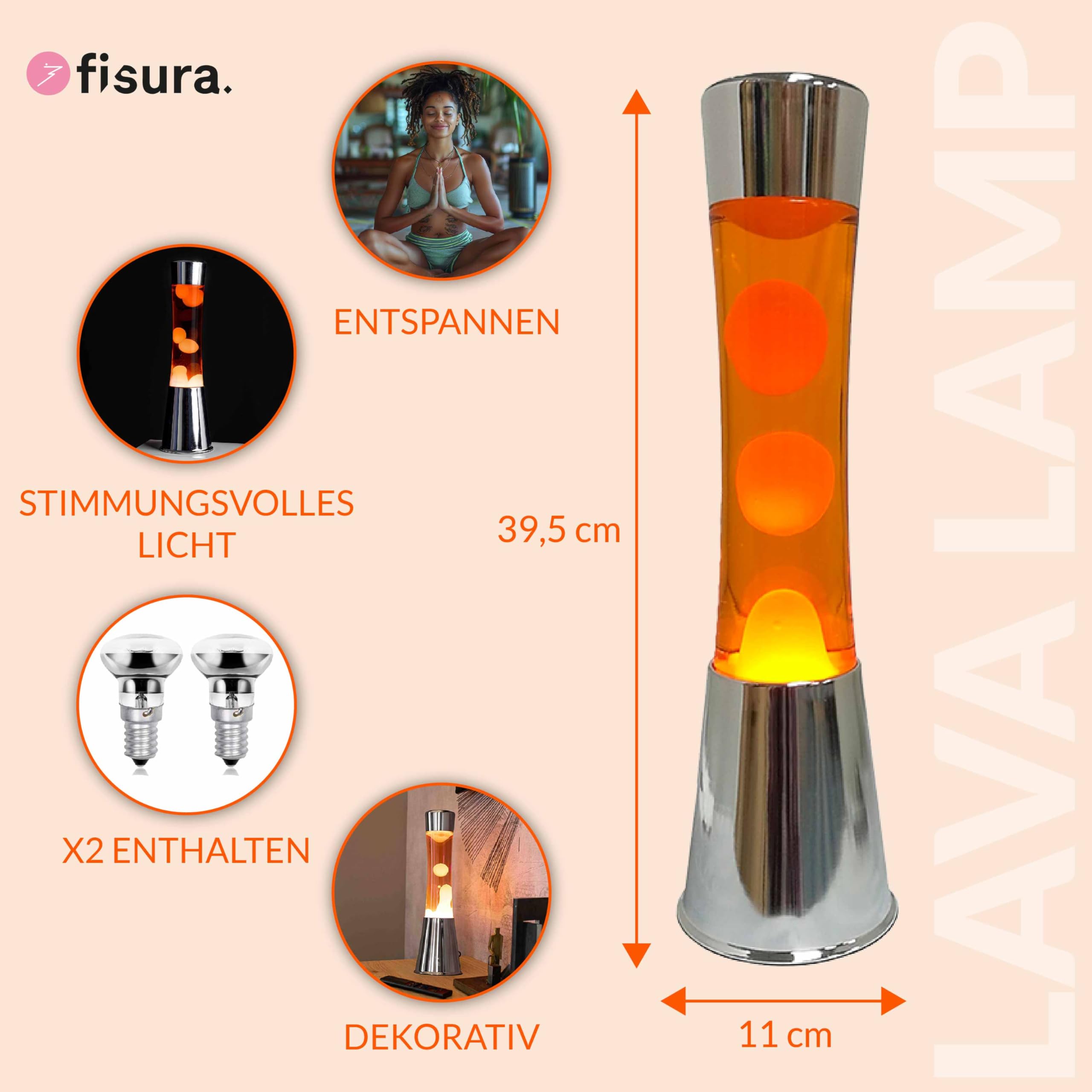 Fisura Lavalampe orange 39,5 cm mit Chromsockel und Ersatzbirne
