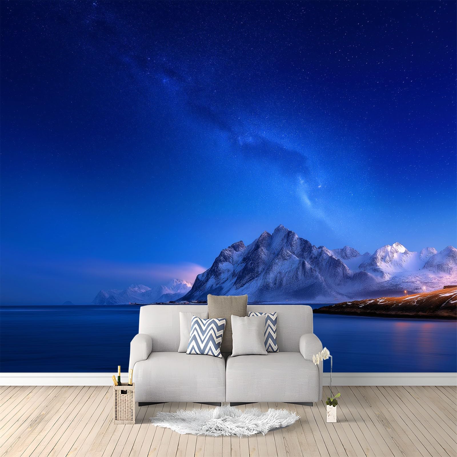 Panoramiczna tapeta 200 x 140 cm fantazyjny spokój gwiaździste niebo góry włóknina XXL fototapeta dekoracja ścienna gobelin do salonu sypialnia - tapeta Trompe l'eil efekt 3D, ciemnoniebieski
