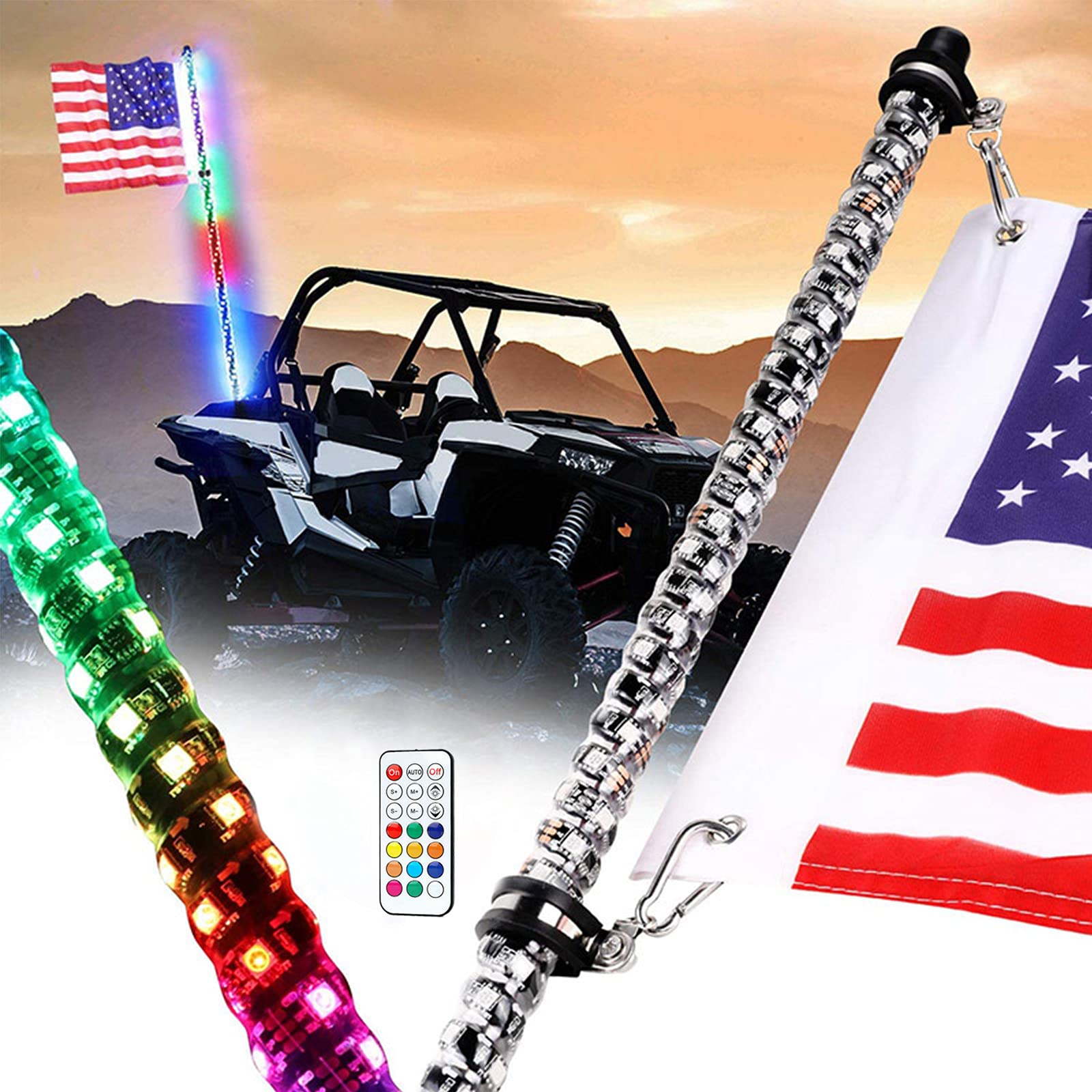 Lnlscle 2Pcs 3FT Spiral RGB Led Whip Light with Base Chasing Light RF Remote Control Lighted Antenna Whips for Can ATV UTV RZR Polaris Dune Buggy Offroad Truck